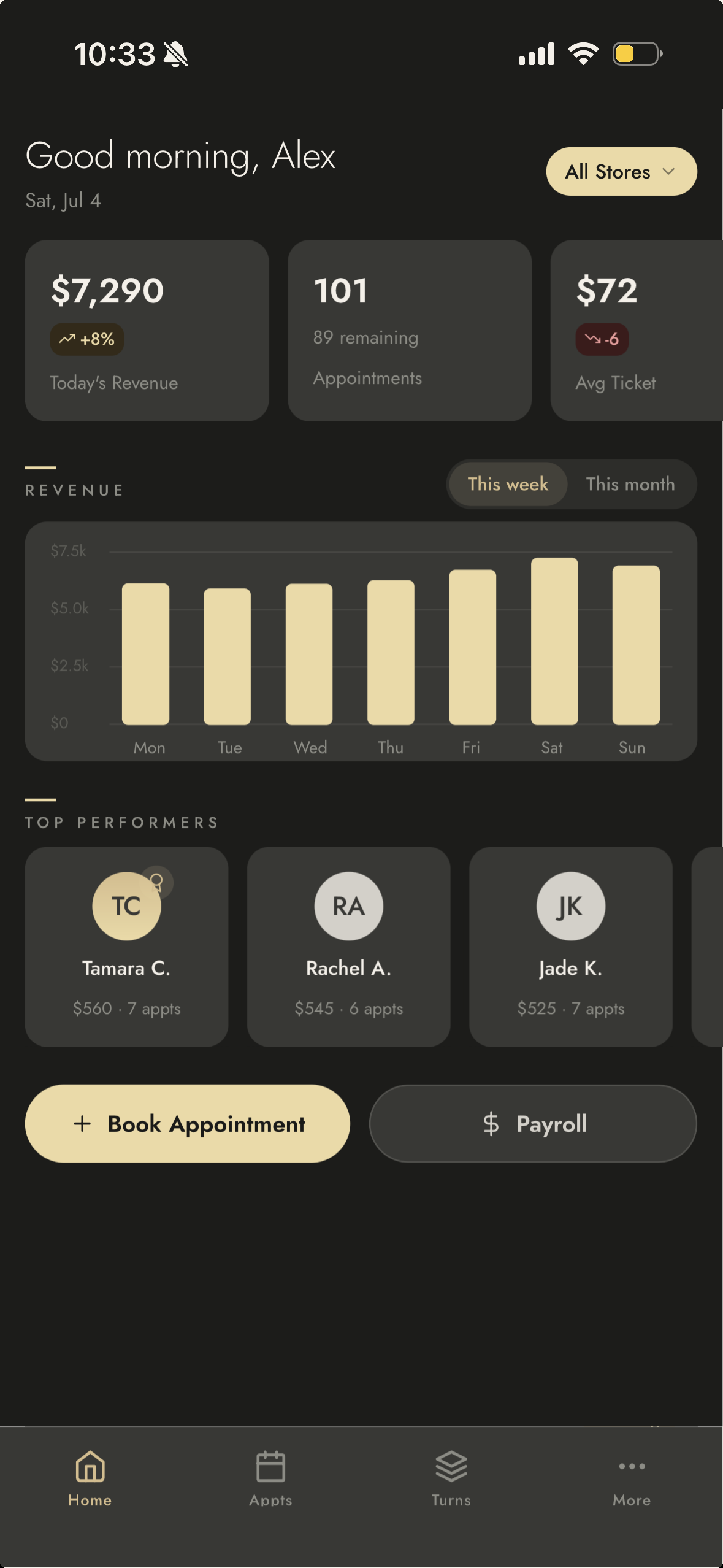 OPAL mobile dashboard showing revenue, appointments, and top performers